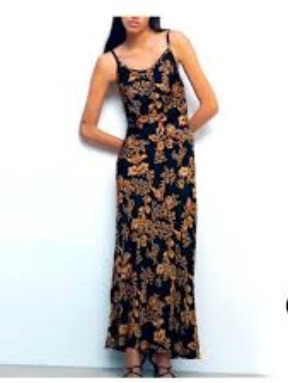 Zara Floral Print Maxi Wrap Dress Sleeveless Black/Gold L
